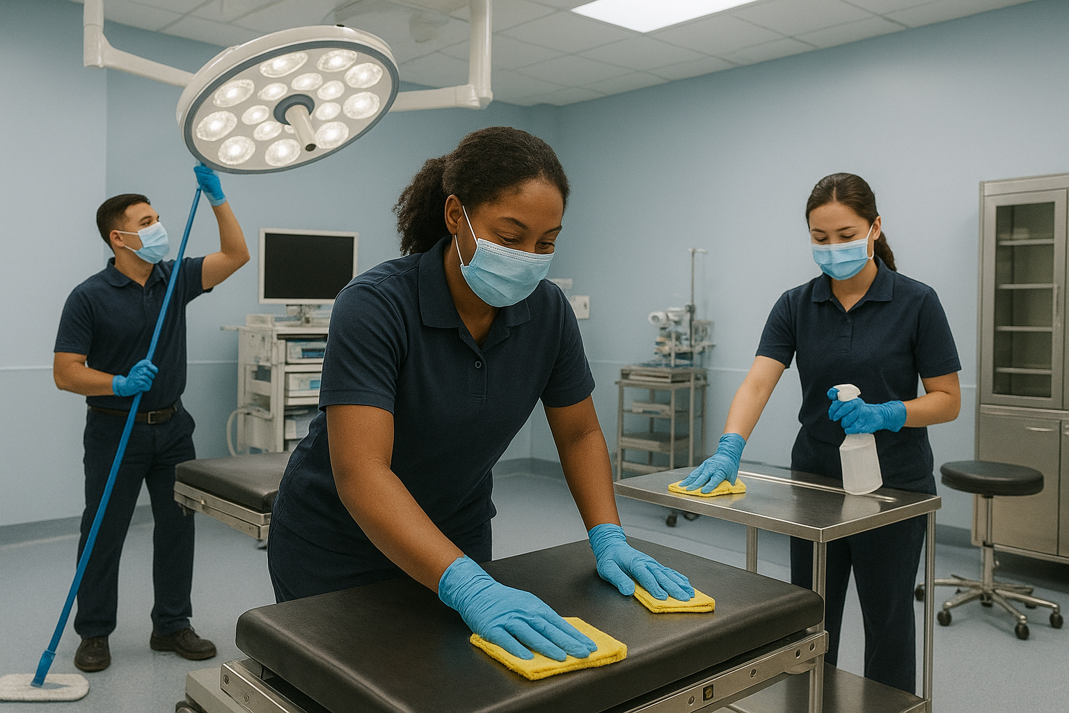 Environmental services personnel sanitizing patient bed and equipment
